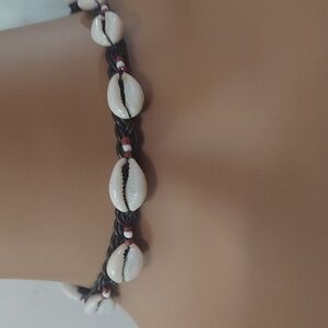 ZAD Cowrie Sea shell seed bead, tropical brown leather choker necklace